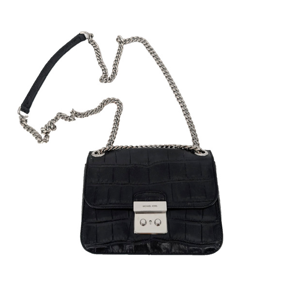 Michael Kors Sloan Editor Black Leather Crocodile Embossed Chain Strap Handbag - Picture 6 of 14